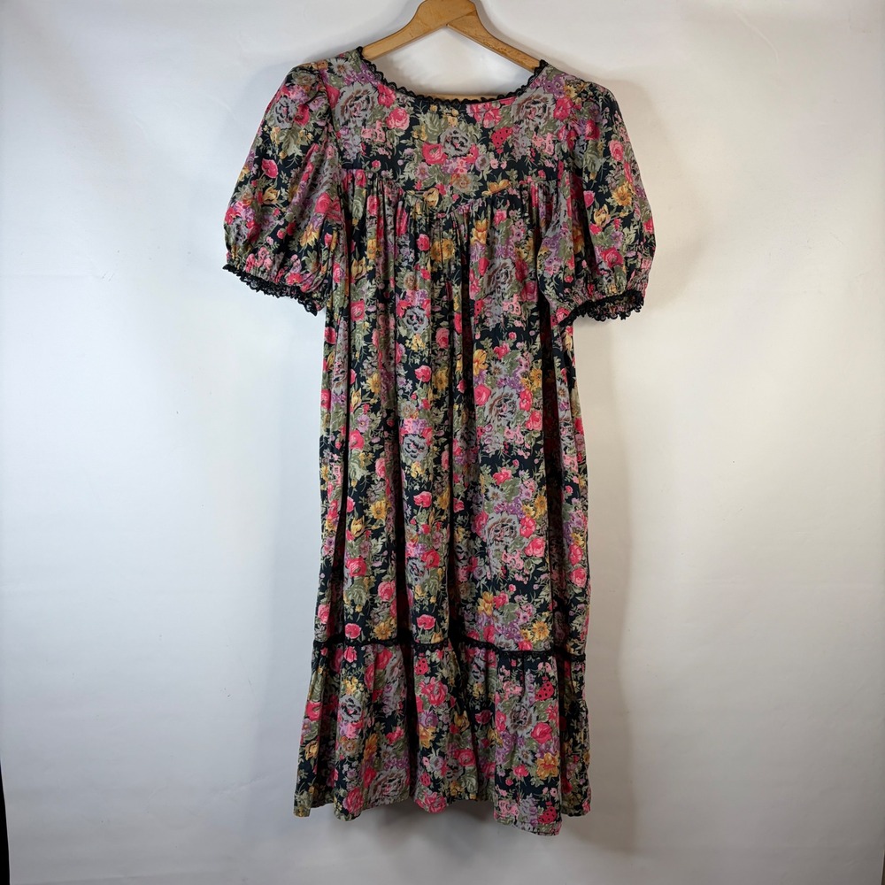 Starina Vintage Floral Midi Dress Womens Medium Cotton Lace Trim Pockets Boho - Picture 7 of 9